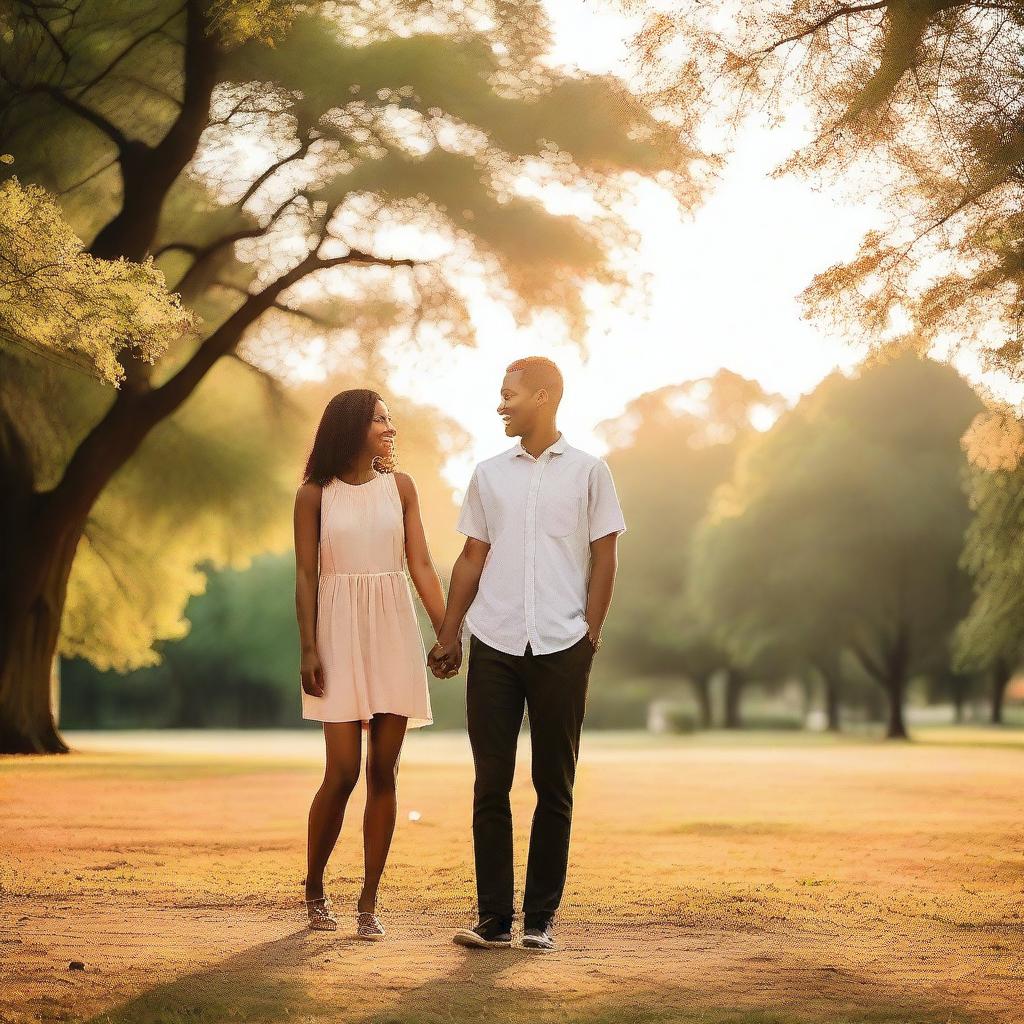 A loving couple standing together, holding hands and smiling at each other