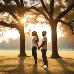 A loving couple standing together, holding hands and smiling at each other