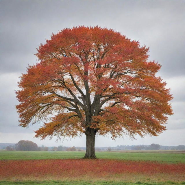 A lone, majestic tree in the midst of an expansive, grassy plain during autumn. Its vibrant, fall-hued leaves symbolize hope against the stark yet beautiful backdrop.