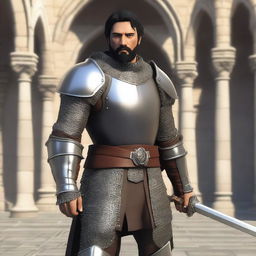 A standing light brown-skinned human paladin with short black hair and a beard, wearing chain mail armor