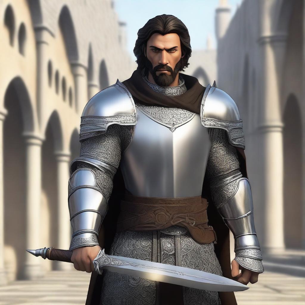 A standing light brown-skinned human paladin with short black hair and a beard, wearing chain mail armor