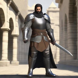 A standing light brown-skinned human paladin with short black hair and a beard, wearing chain mail armor