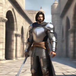 A standing light brown-skinned human paladin with short black hair and a beard, wearing chain mail armor