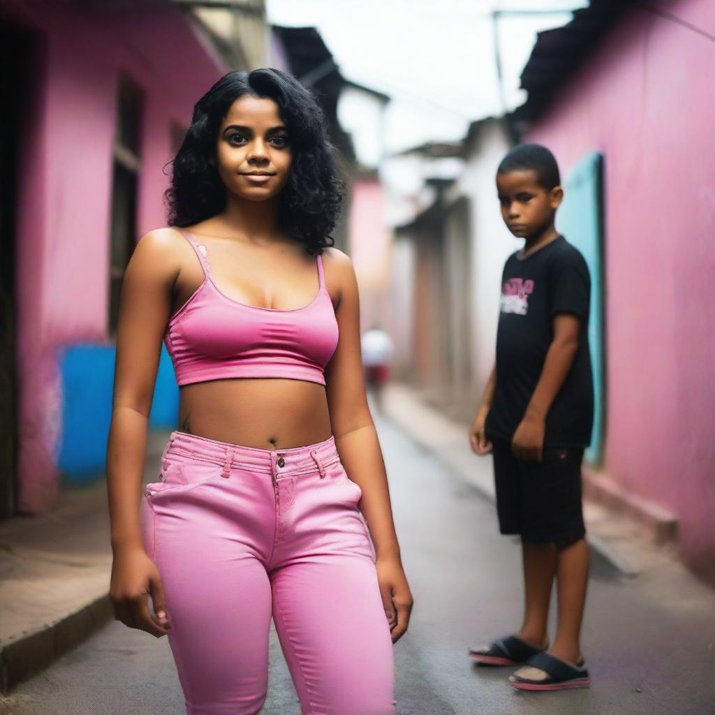 Uma menina morena usando um cropped rosa e calça preta, ao lado de um menino moreno, ambos em uma favela