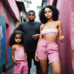 Uma menina morena usando um cropped rosa e calça preta, ao lado de um menino moreno, ambos em uma favela