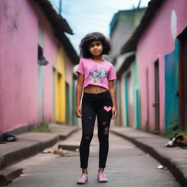 Uma menina morena usando um cropped rosa e calça preta, ao lado de um menino moreno, ambos em uma favela