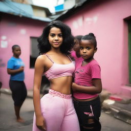 Uma menina morena usando um cropped rosa e calça preta, ao lado de um menino moreno, ambos em uma favela