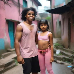 Uma menina morena usando um cropped rosa e calça preta, beijando um menino moreno em uma favela