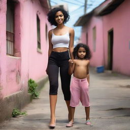 Uma menina morena usando um cropped rosa e calça preta, beijando um menino moreno em uma favela