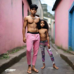 Uma menina morena usando um cropped rosa e calça preta, beijando um menino moreno em uma favela