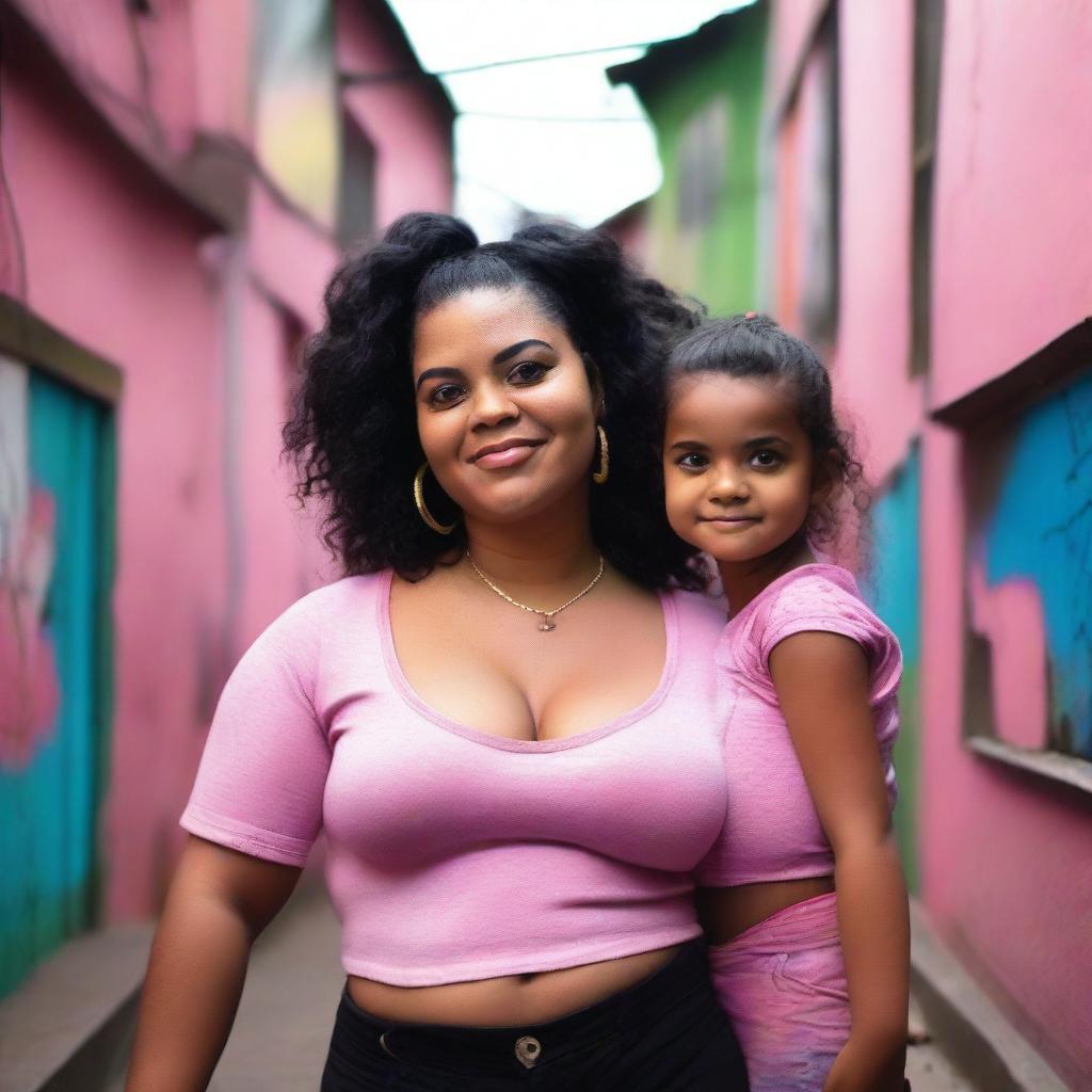 Uma menina morena usando um cropped rosa e calça preta, beijando um menino moreno em uma favela