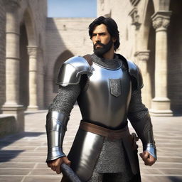 A standing light brown-skinned human paladin with short black hair and a beard, wearing chain mail armor