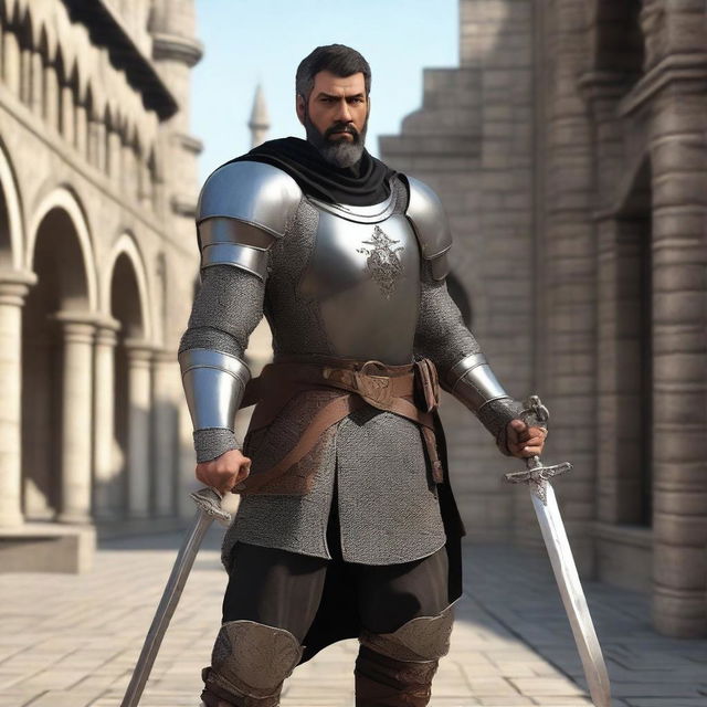 A standing light brown-skinned human paladin with short black hair and a beard, wearing chain mail armor