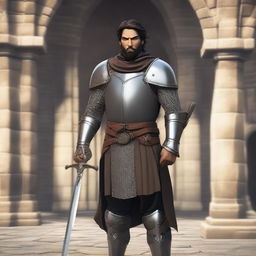 A standing light brown-skinned human paladin with short black hair and a beard, wearing chain mail armor