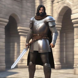 A standing light brown-skinned human paladin with short black hair and a beard, wearing chain mail armor