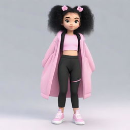 Uma adolescente moreninha com cabelo cacheado curtinho, vestindo um cropped rosa e uma legging preta, com tênis rosa