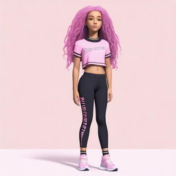 Uma adolescente moreninha com cabelo cacheado curtinho, vestindo um cropped rosa e uma legging preta, com tênis rosa