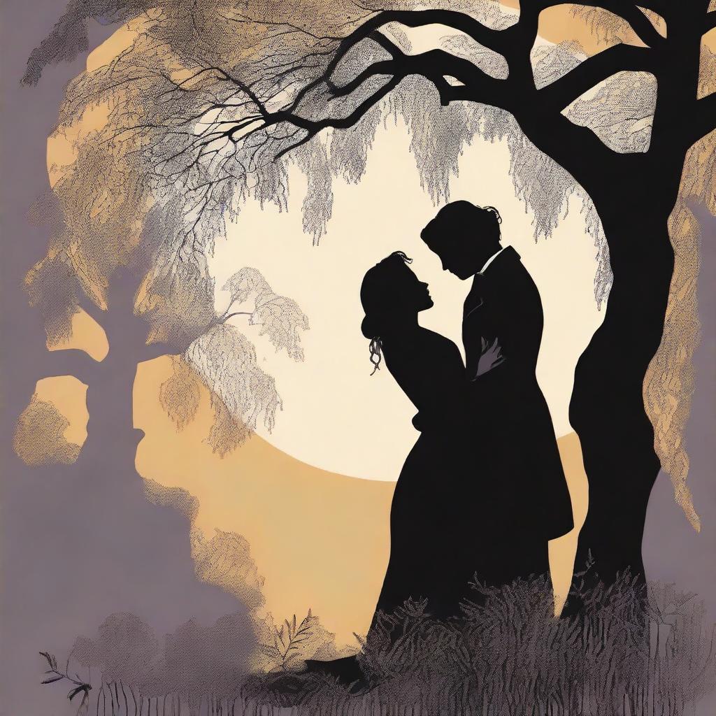 A book cover illustration featuring a silhouette of a lesbian couple in an intimate embrace under a large willow tree, set in the Victorian era