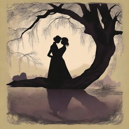 A book cover illustration featuring a silhouette of a lesbian couple in an intimate embrace under a large willow tree, set in the Victorian era