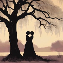 A book cover illustration featuring a silhouette of a lesbian couple in an intimate embrace under a large willow tree, set in the Victorian era