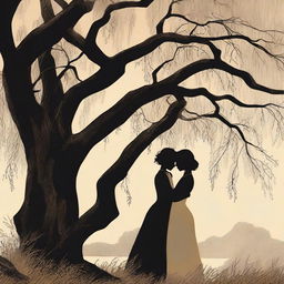 A book cover illustration featuring a silhouette of a lesbian couple in an intimate embrace under a large willow tree, set in the Victorian era