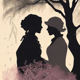 A book cover illustration featuring a silhouette of a lesbian couple in an intimate embrace under a large willow tree, set in the Victorian era