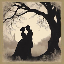 A book cover illustration featuring a silhouette of a lesbian couple in an intimate embrace under a large willow tree, set in the Victorian era