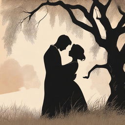 A book cover illustration featuring a silhouette of a lesbian couple in an intimate embrace under a large willow tree, set in the Victorian era