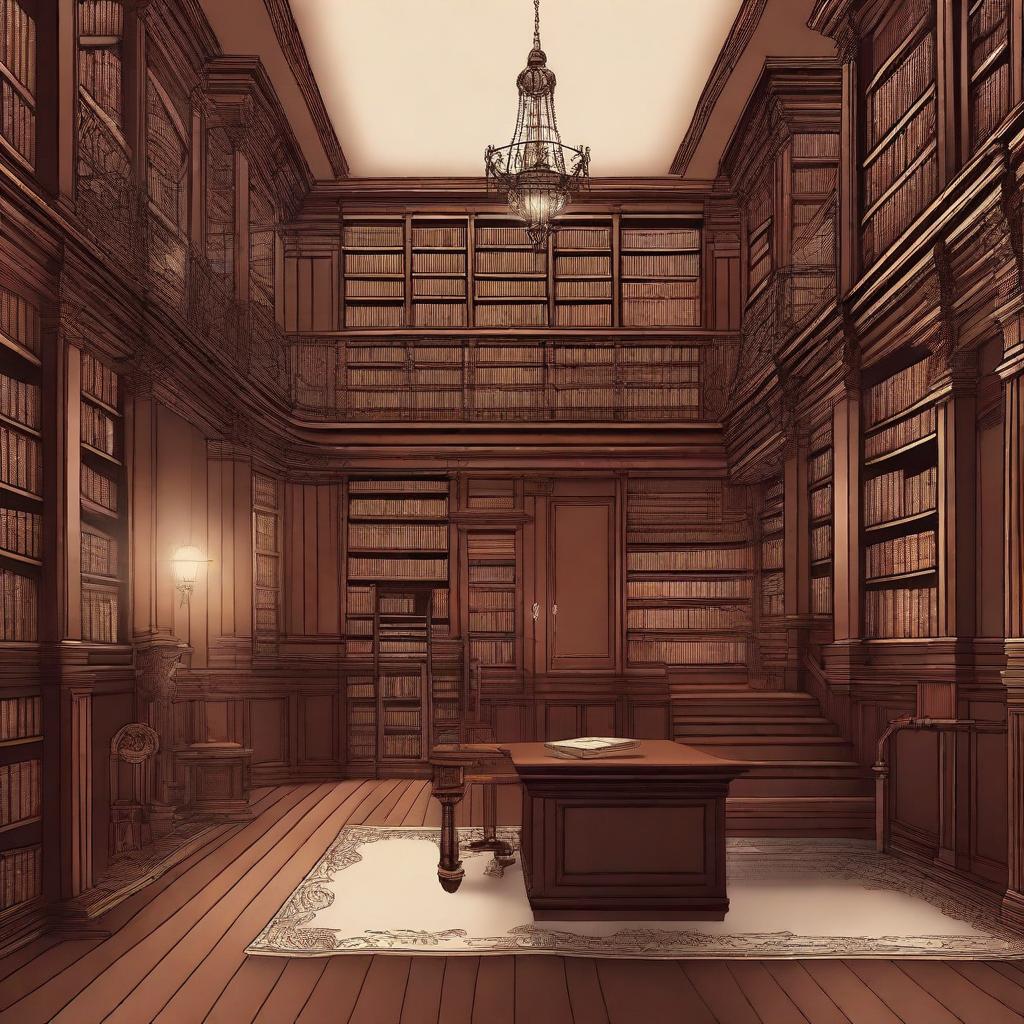 An illustration of a large Victorian library with dark wood furnishings