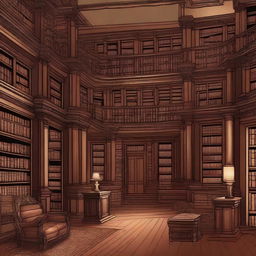 An illustration of a large Victorian library with dark wood furnishings