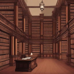 An illustration of a large Victorian library with dark wood furnishings