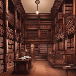 An illustration of a large Victorian library with dark wood furnishings