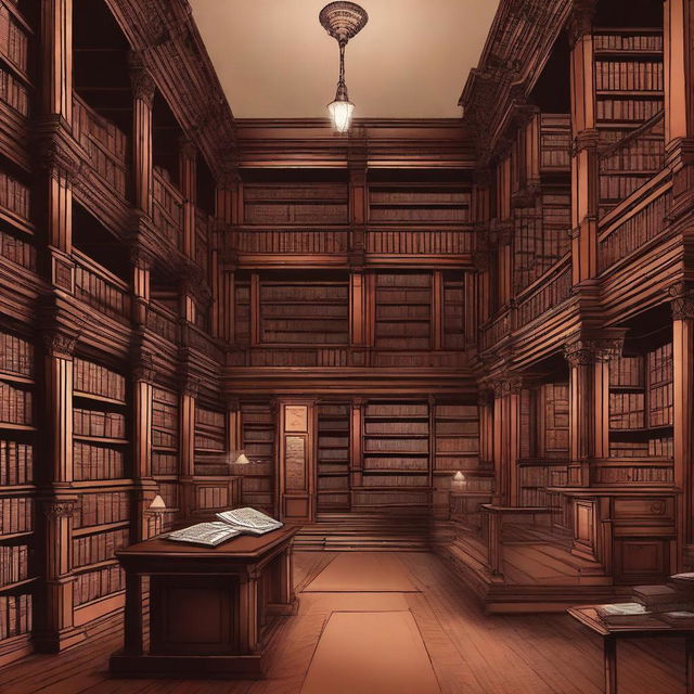 An illustration of a large Victorian library with dark wood furnishings