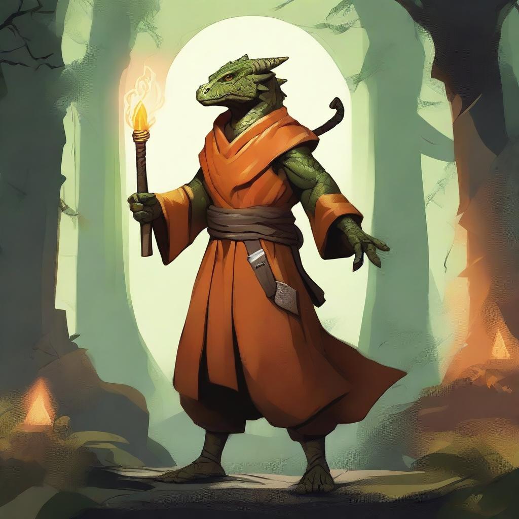 A standing young dragonborn wizard with olive green scales, wearing an orange tunic