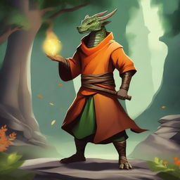 A standing young dragonborn wizard with olive green scales, wearing an orange tunic