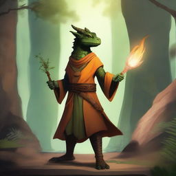 A standing young dragonborn wizard with olive green scales, wearing an orange tunic