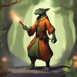 A standing young dragonborn wizard with olive green scales, wearing an orange tunic