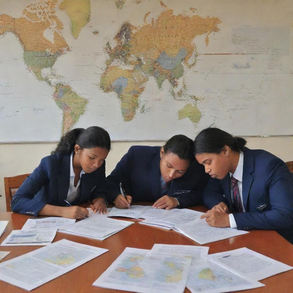 A dedicated group of Civil Service (CSS) aspirants intensely immersed in their studies, surrounded by books, highlighted notes, and world maps, portraying an atmosphere of ambition, discipline, and persistence.