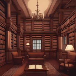 An illustration of a Victorian library featuring dark wood furnishings