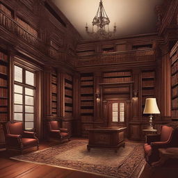 An illustration of a Victorian library featuring dark wood furnishings