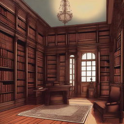 An illustration of a Victorian library featuring dark wood furnishings