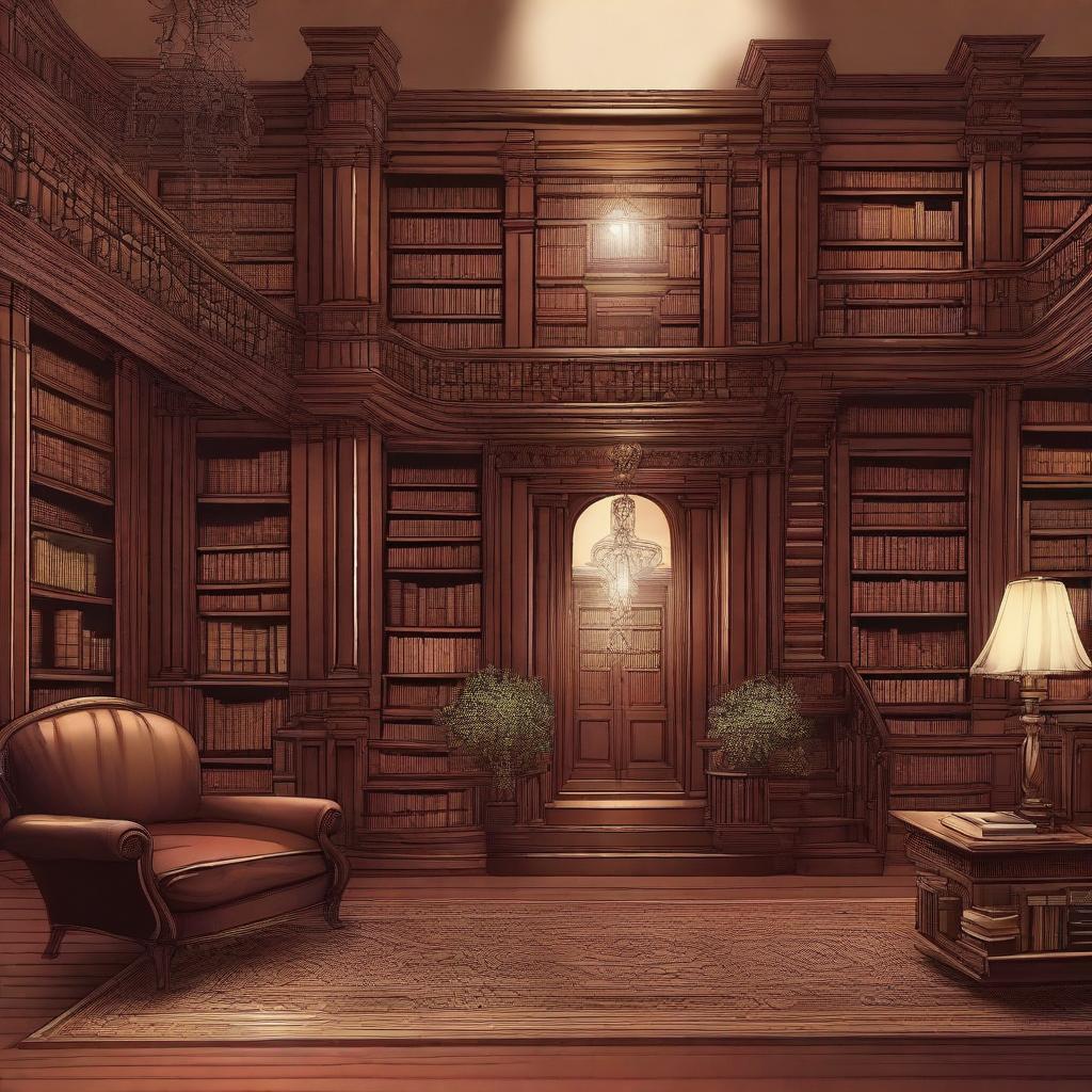 An illustration of a Victorian library featuring dark wood furnishings