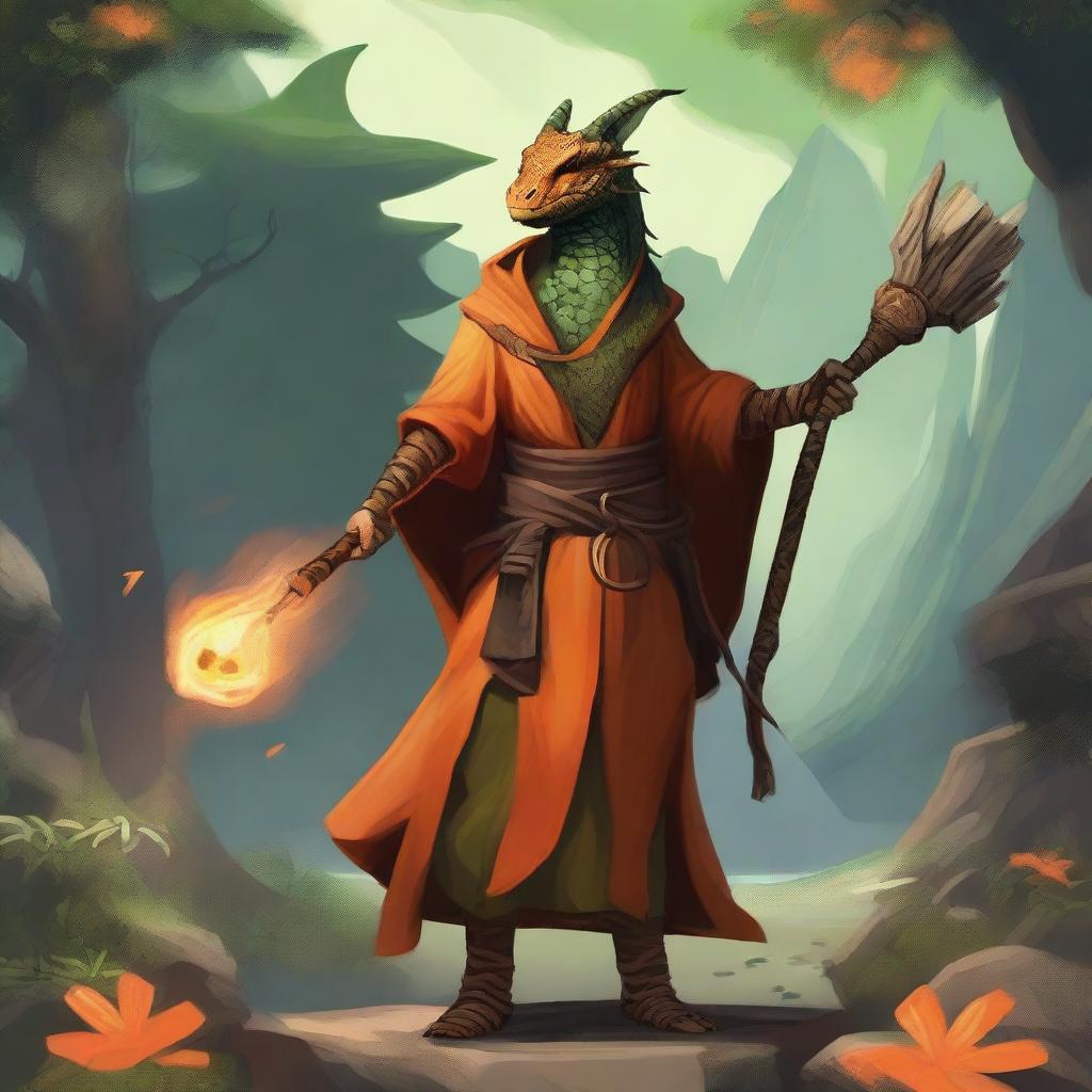 A standing teenage dragonborn wizard with olive green scales, wearing an orange tunic