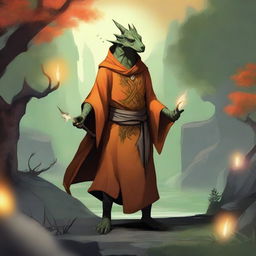 A standing teenage dragonborn wizard with olive green scales, wearing an orange tunic