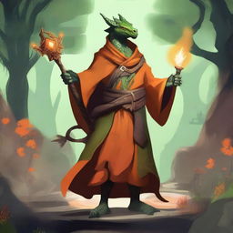 A standing teenage dragonborn wizard with olive green scales, wearing an orange tunic