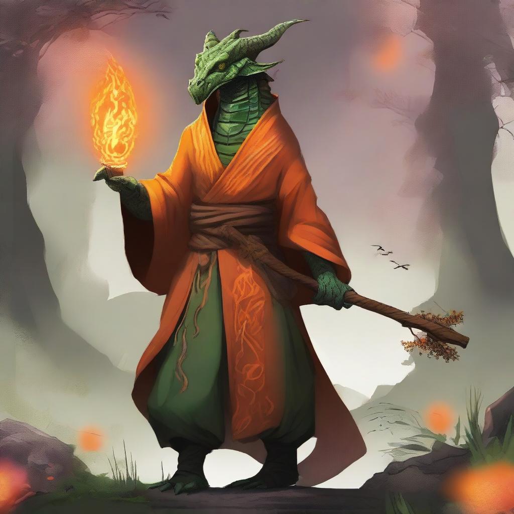 A standing teenage dragonborn wizard with olive green scales, wearing an orange tunic