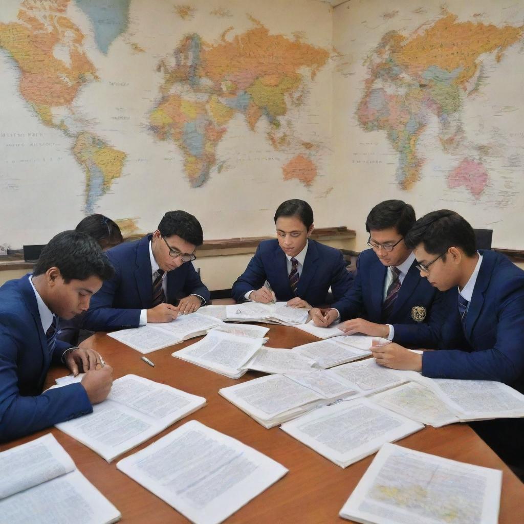 A dedicated group of Civil Service (CSS) aspirants intensely immersed in their studies, surrounded by books, highlighted notes, and world maps, portraying an atmosphere of ambition, discipline, and persistence.