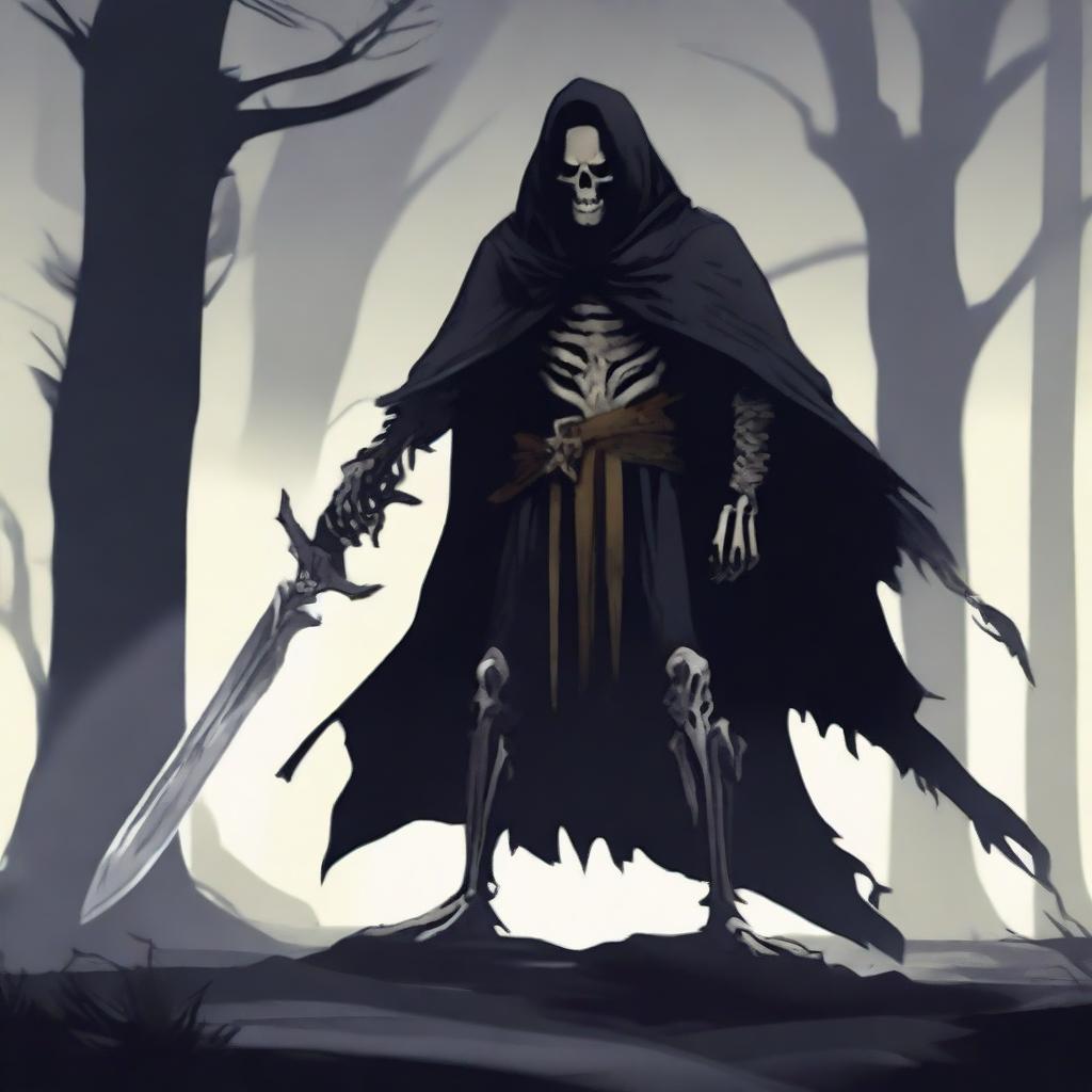 Create a shadowy humanoid bone monster wearing a tattered cape and holding a sword