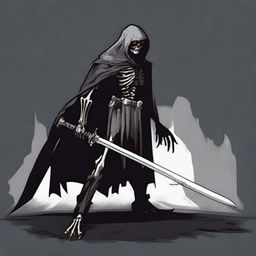 Create a shadowy humanoid bone monster wearing a tattered cape and holding a sword