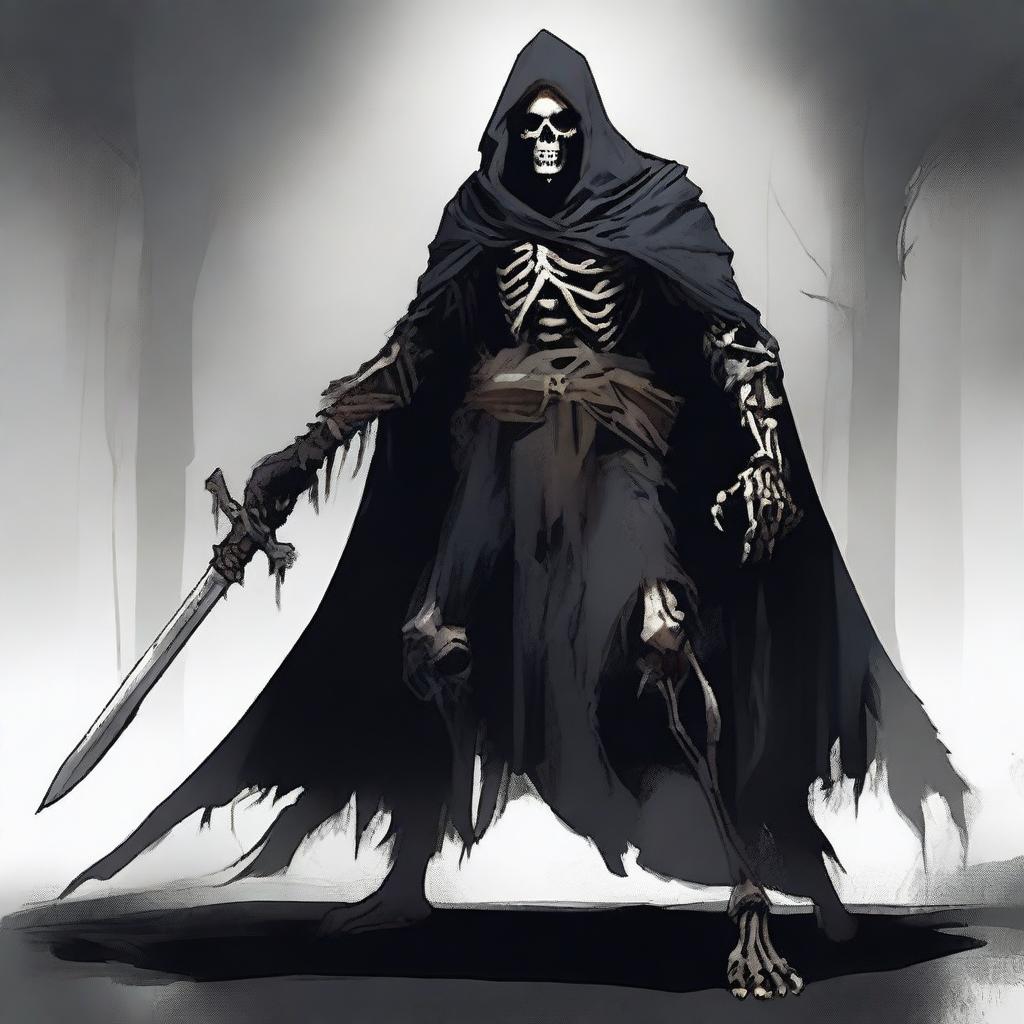 Create a shadowy humanoid bone monster wearing a tattered cape and holding a sword